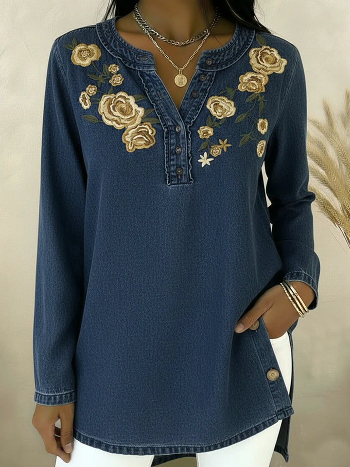 Seyla - Florales Denim-Hemd mit Kragen