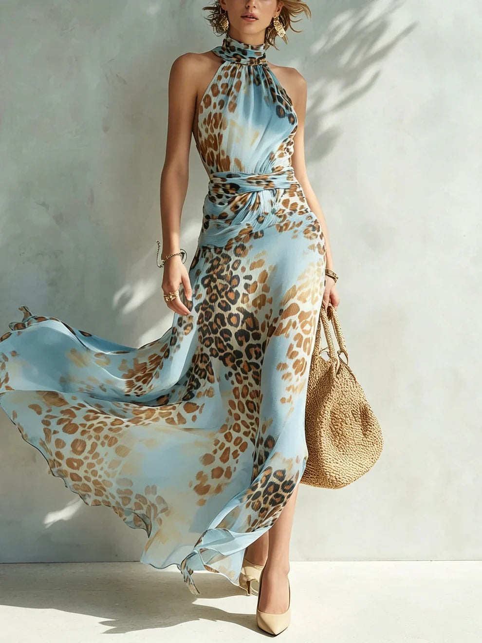 Eloria - Transparentes Neckholder-Maxikleid mit Leopardprint