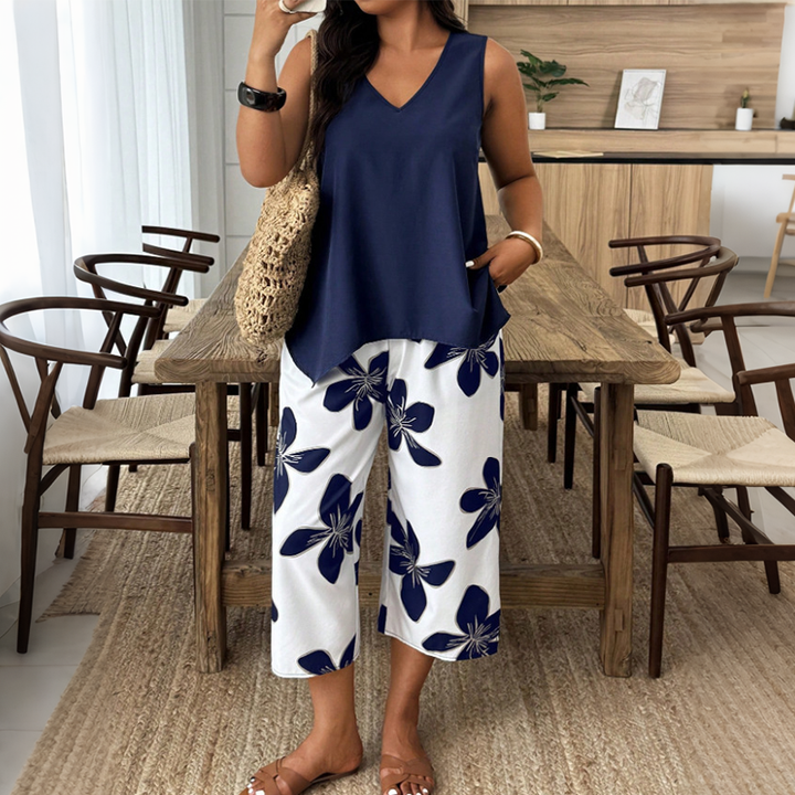 Marissa - Asymmetrisches Soft-Touch-Top & florales Capri-Set