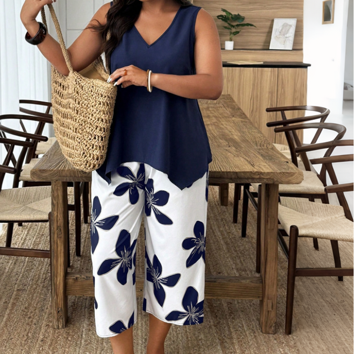 Marissa - Asymmetrisches Soft-Touch-Top & florales Capri-Set