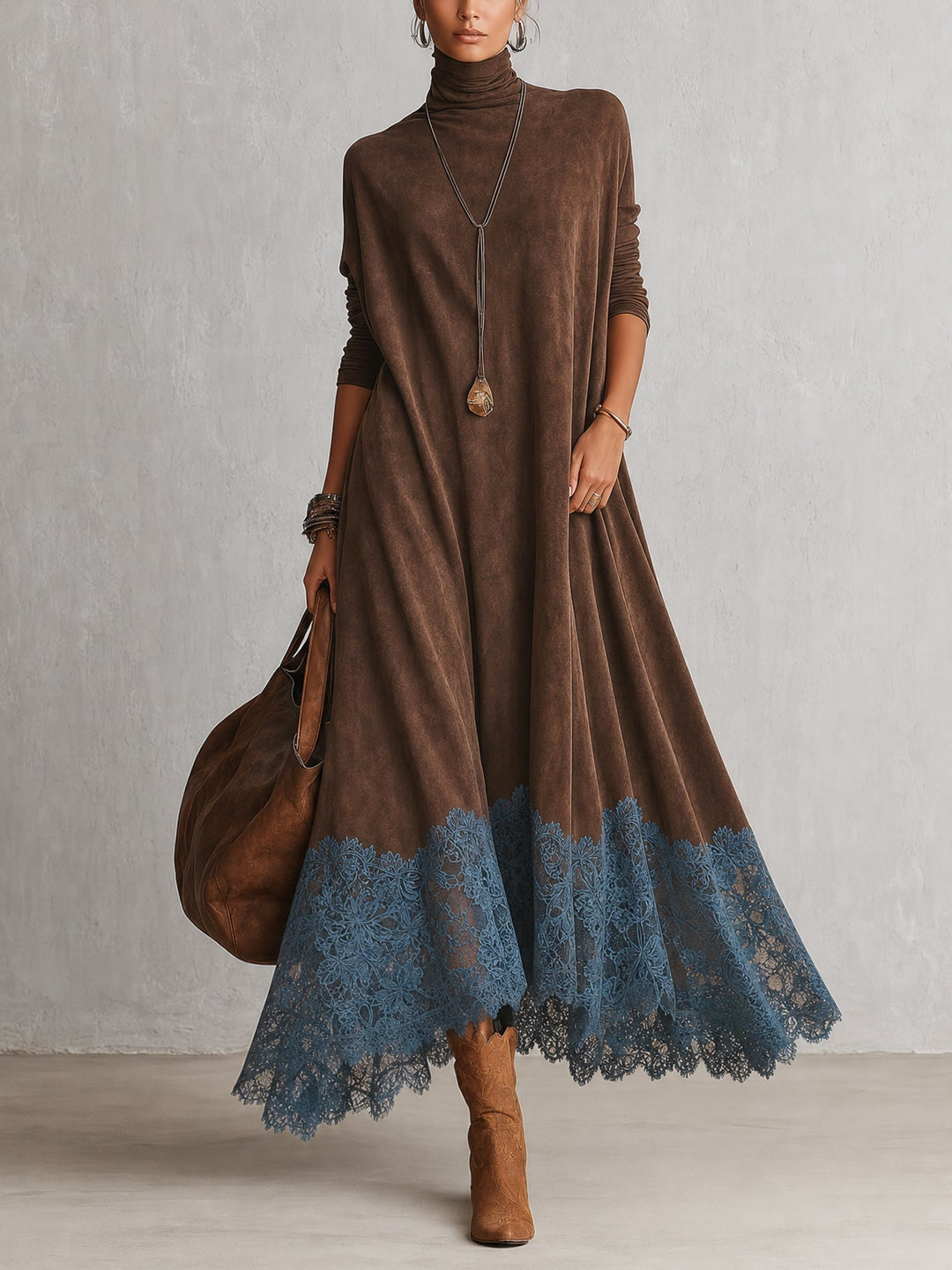 Maelis - Samtiges Maxikleid mit Spitzenbesatz