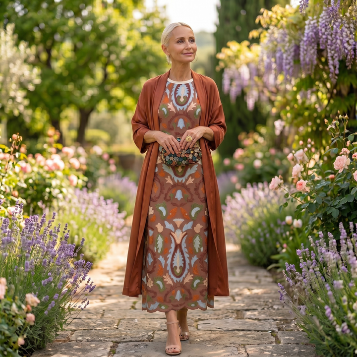 Lilith - Zweiteiliges Set mit bedrucktem Midikleid und langem Cardigan