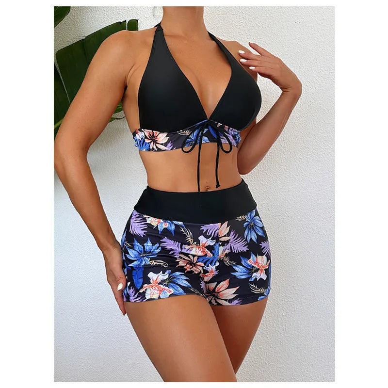 Zenaida - Geblümtes Neckholder-Bikini-Shorts-Set