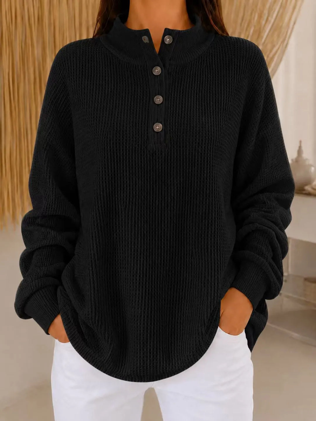 Belliora - Strukturstrick-Pullover mit Henley-Ausschnitt