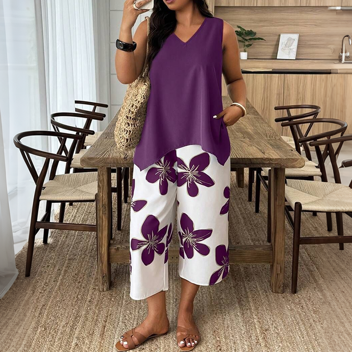 Marissa - Asymmetrisches Soft-Touch-Top & florales Capri-Set