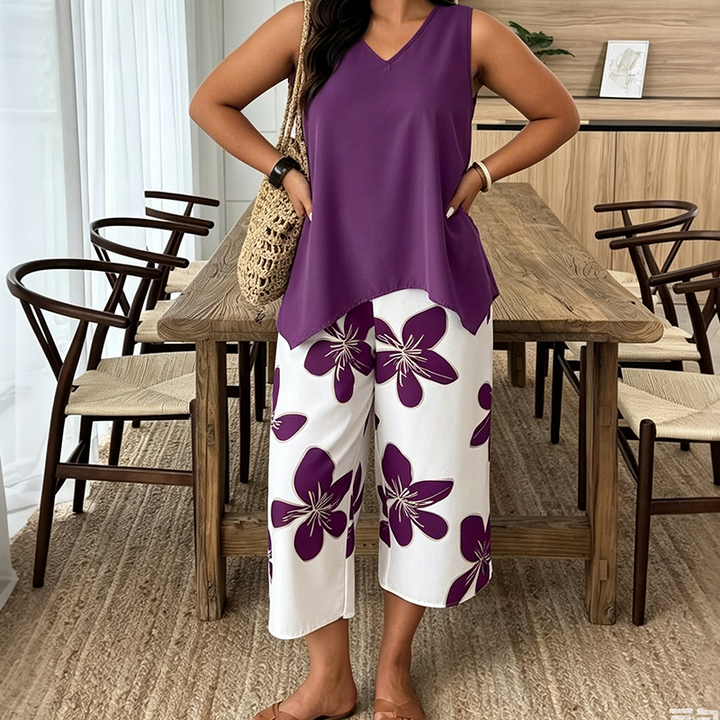 Marissa - Asymmetrisches Soft-Touch-Top & florales Capri-Set