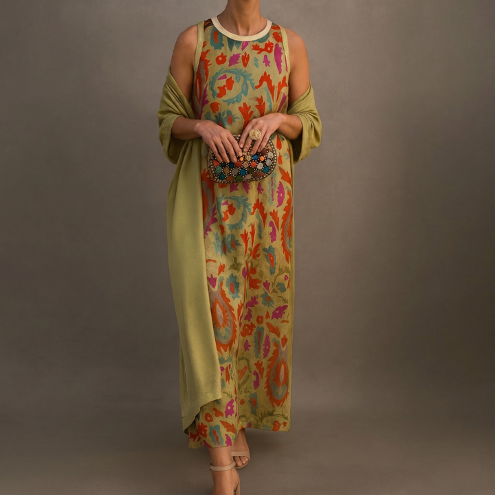 Lilith - Zweiteiliges Set mit bedrucktem Midikleid und langem Cardigan
