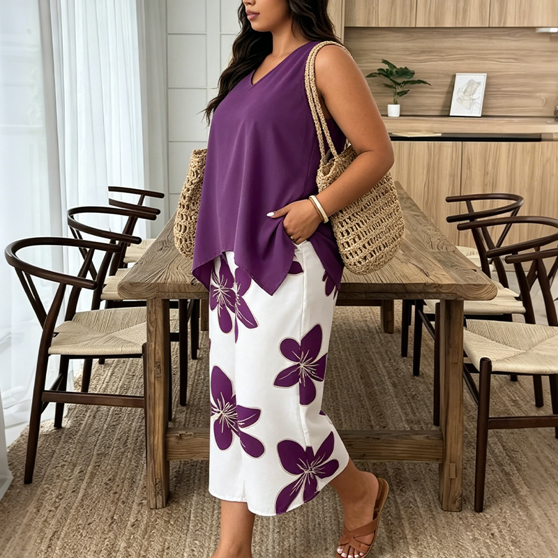Marissa - Asymmetrisches Soft-Touch-Top & florales Capri-Set