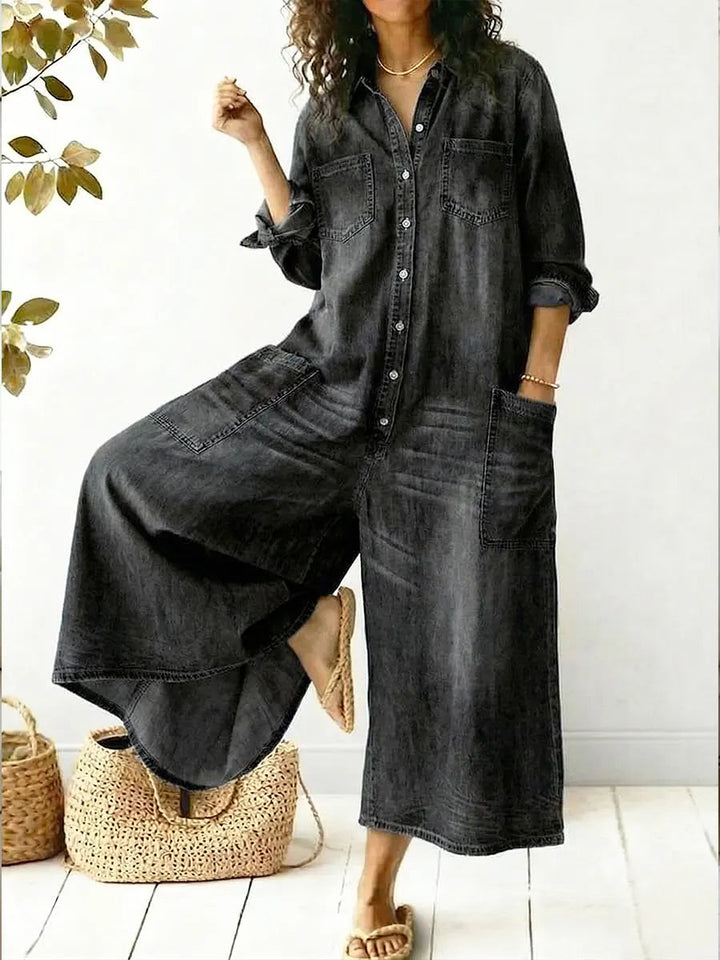 Aminta - weitbeiniger Denim-Jumpsuit