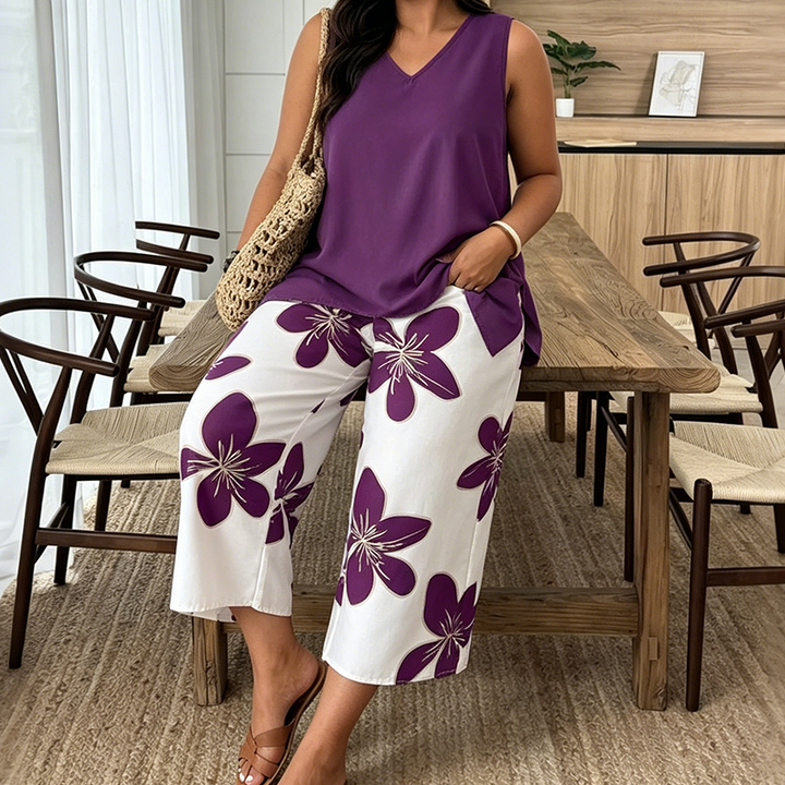 Marissa - Asymmetrisches Soft-Touch-Top & florales Capri-Set