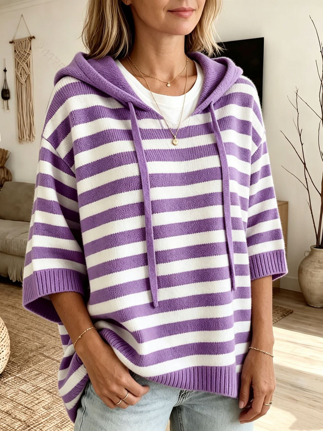 Leontine - gestreifter Strick-Kapuzenpullover