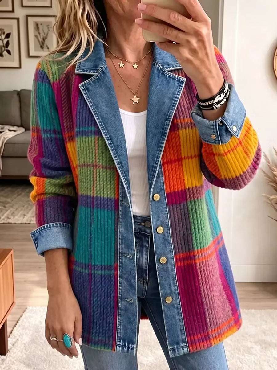 Sasha - Mehrfarbige karierte Strick-Jeansjacke