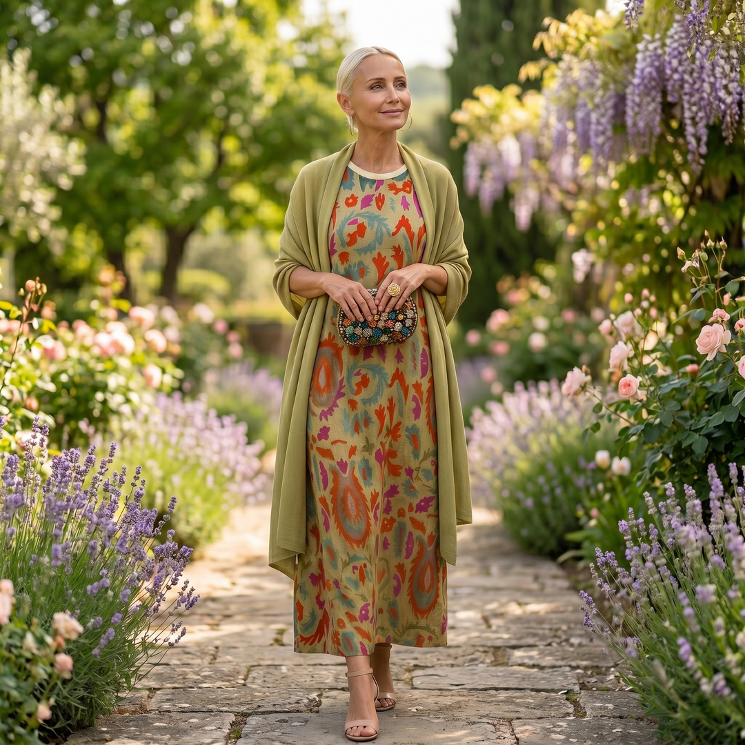 Lilith - Zweiteiliges Set mit bedrucktem Midikleid und langem Cardigan