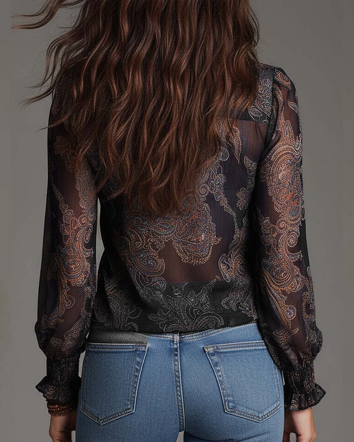 Norayi - Bluse aus Soft-Touch-Material mit Rüschenärmeln, V-Ausschnitt und Print