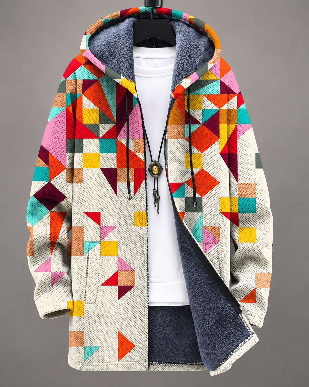 Betha - Geometrisch gemusterte Kapuzenjacke mit Plüschfutter