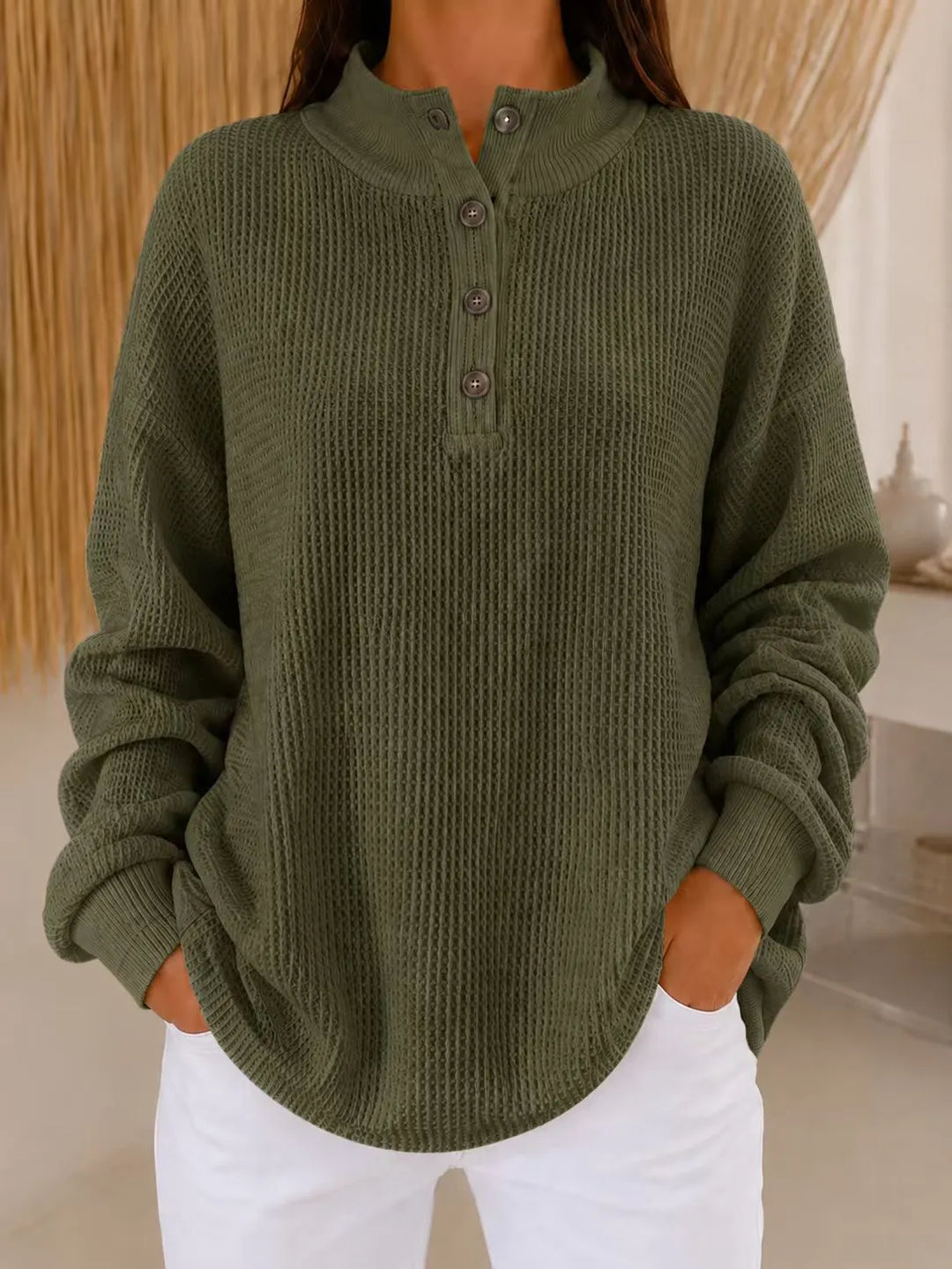 Belliora - Strukturstrick-Pullover mit Henley-Ausschnitt