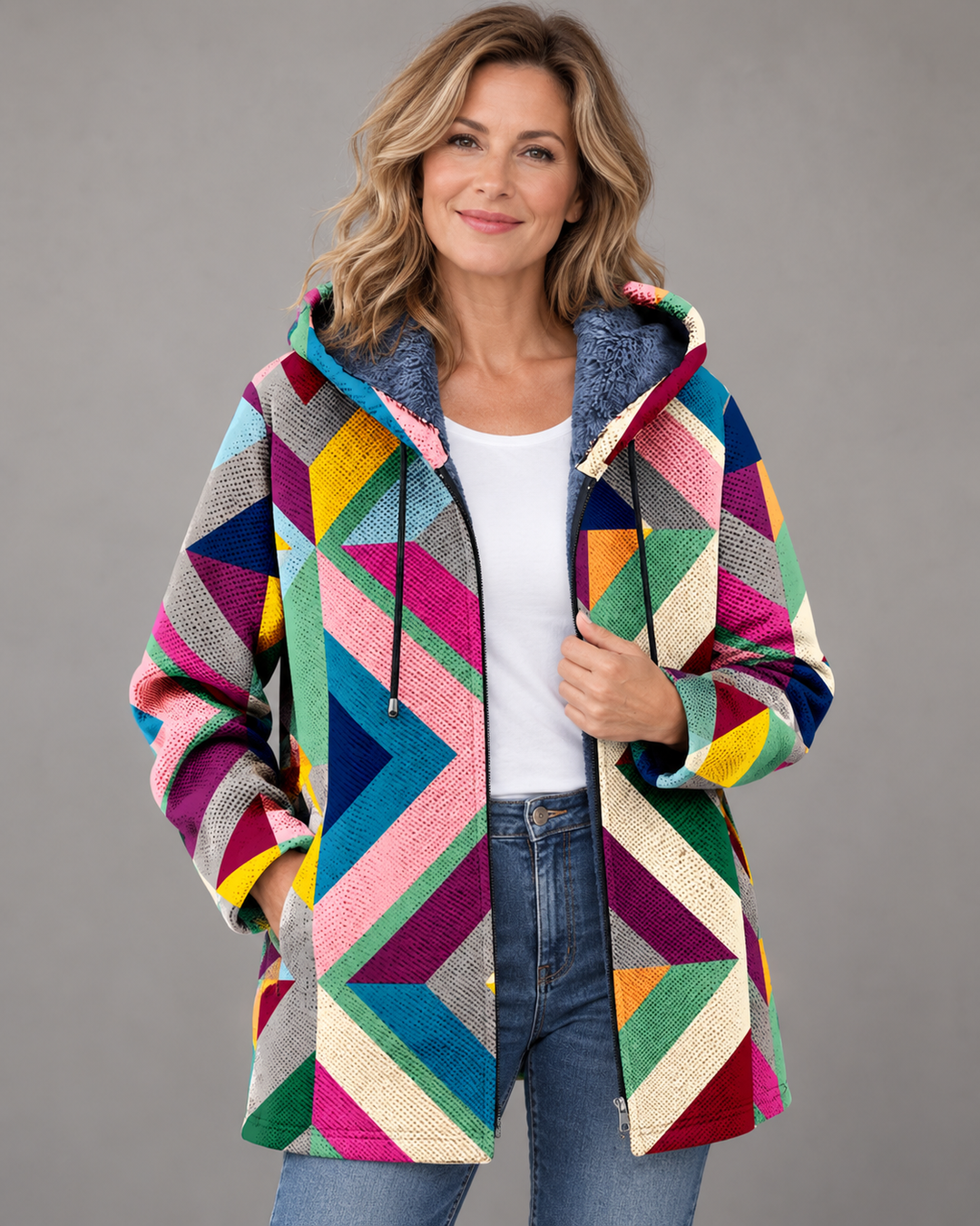 Betha - Geometrisch gemusterte Kapuzenjacke mit Plüschfutter