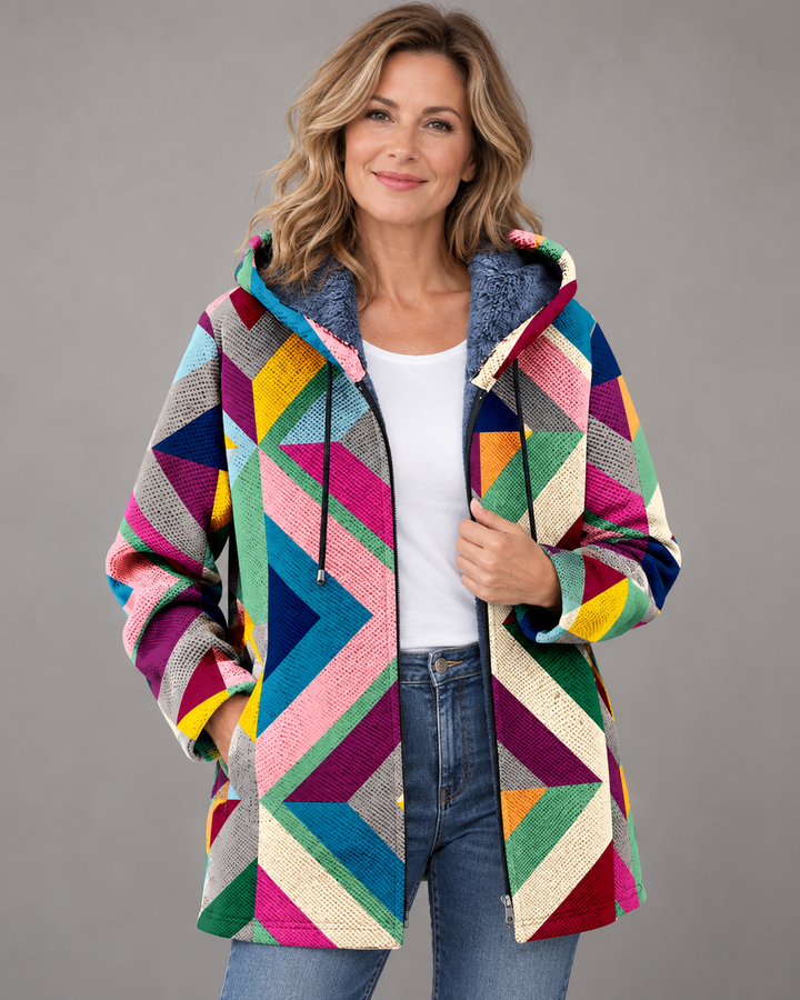 Betha - Geometrisch gemusterte Kapuzenjacke mit Plüschfutter