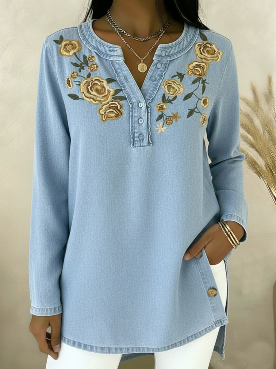 Seyla - Florales Denim-Hemd mit Kragen