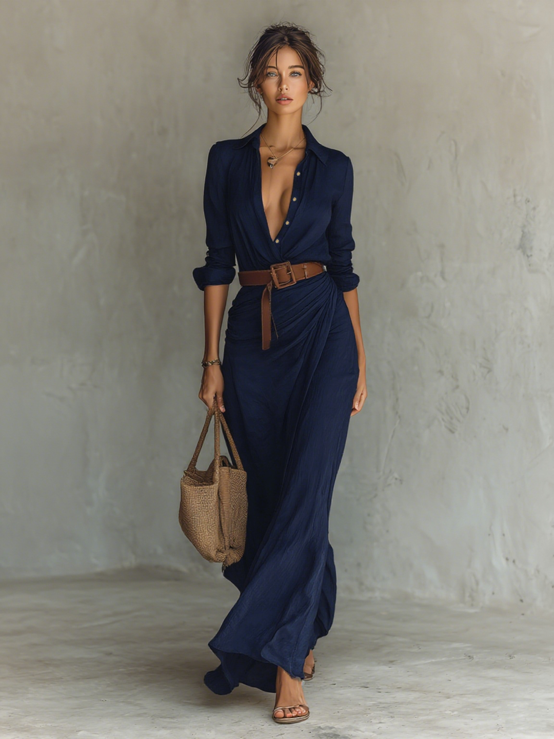 Calantha - Soft-Touch Maxi-Hemdblusenkleid mit Gürtel
