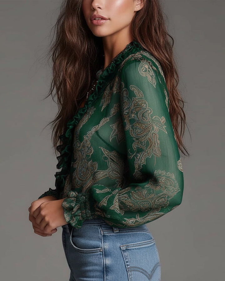 Norayi - Bluse aus Soft-Touch-Material mit Rüschenärmeln, V-Ausschnitt und Print
