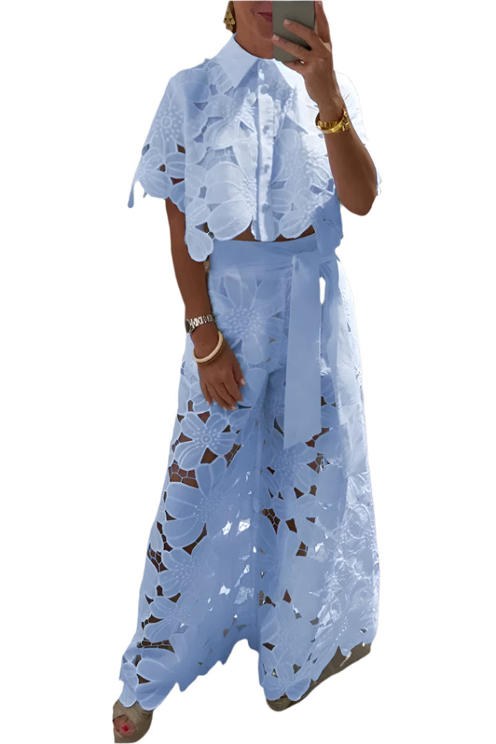 Celessia - Zweiteiliges Set mit floraler Spitzenbluse und weiter Hose