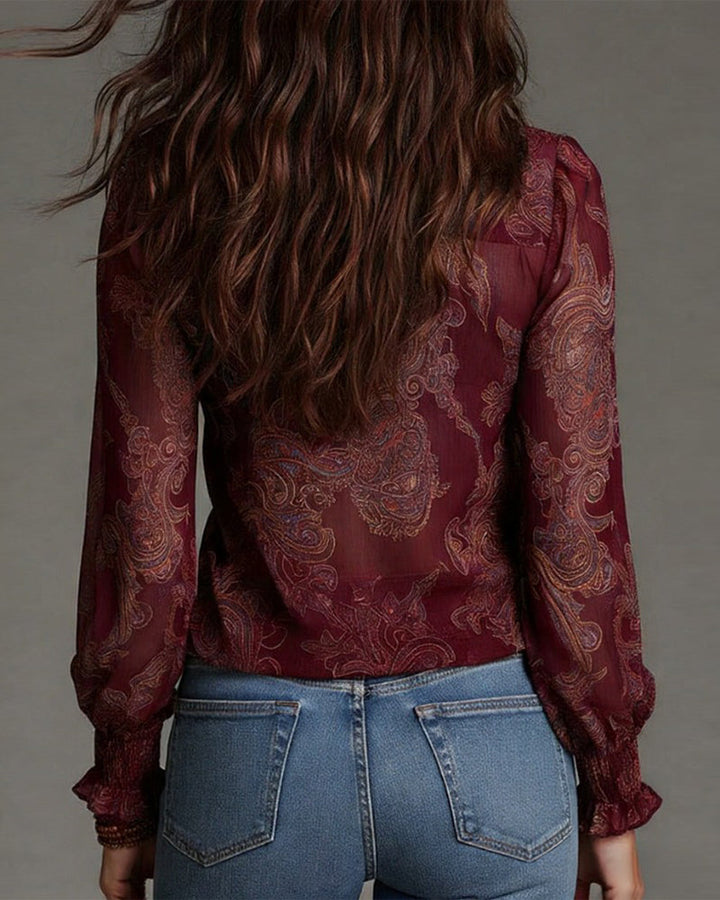 Norayi - Bluse aus Soft-Touch-Material mit Rüschenärmeln, V-Ausschnitt und Print