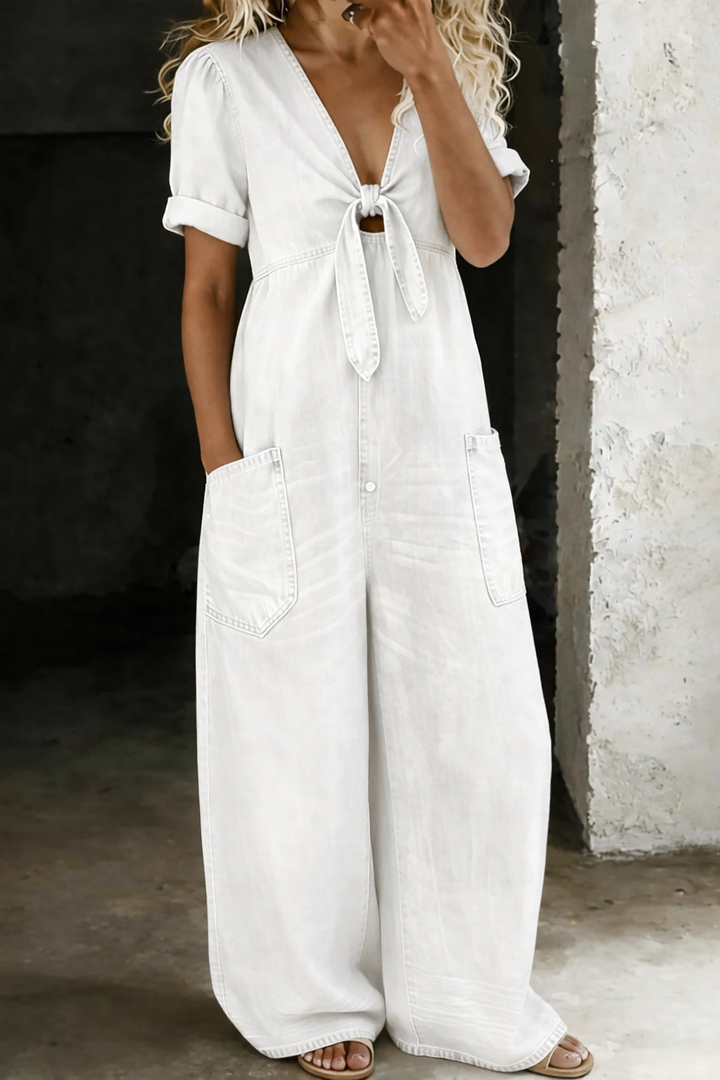 Faelina - Denim-Jumpsuit mit Bindegürtel und weitem Bein