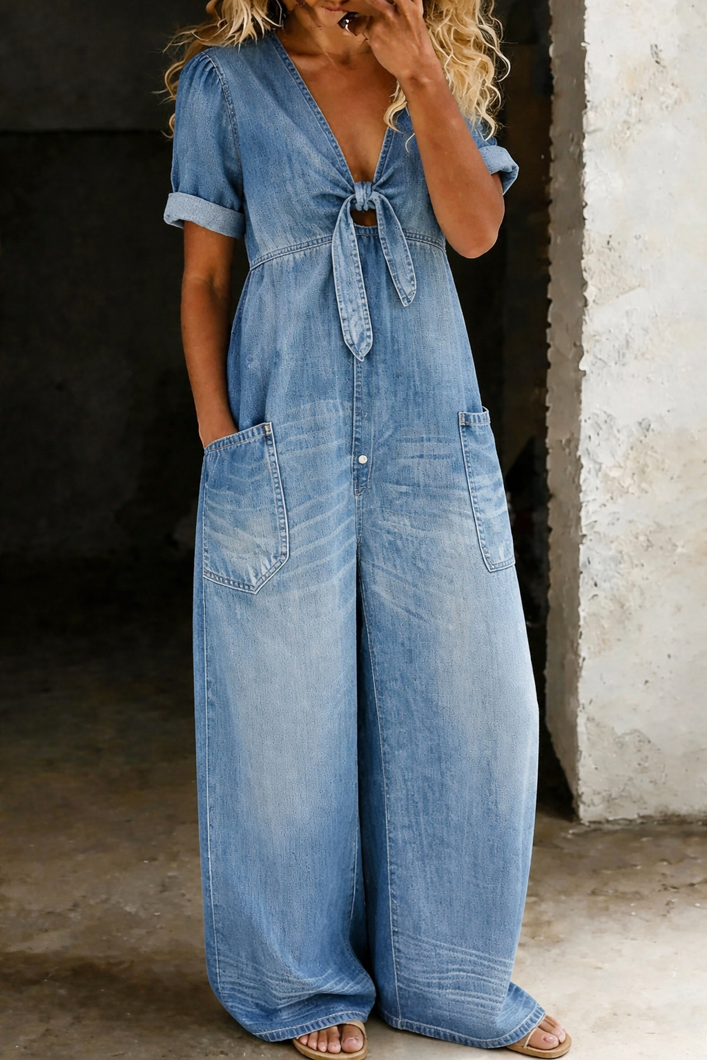 Faelina - Denim-Jumpsuit mit Bindegürtel und weitem Bein