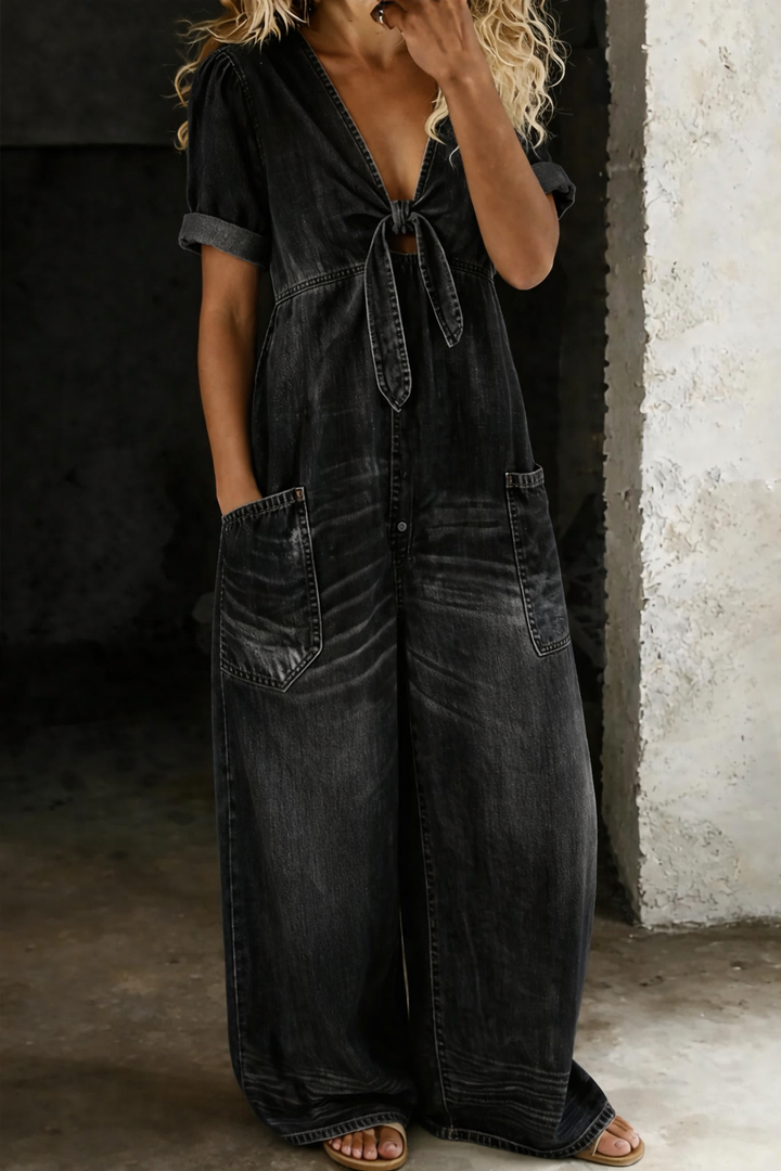 Faelina - Denim-Jumpsuit mit Bindegürtel und weitem Bein