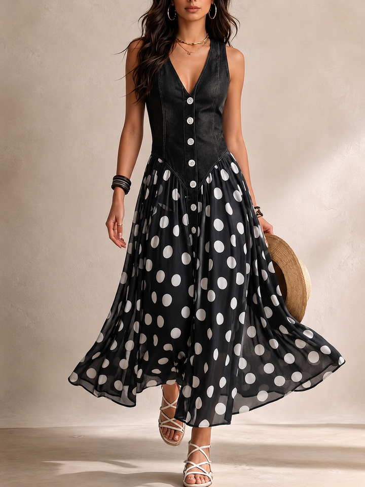 Ameliora - Polka-Dot-Kleid im Materialmix