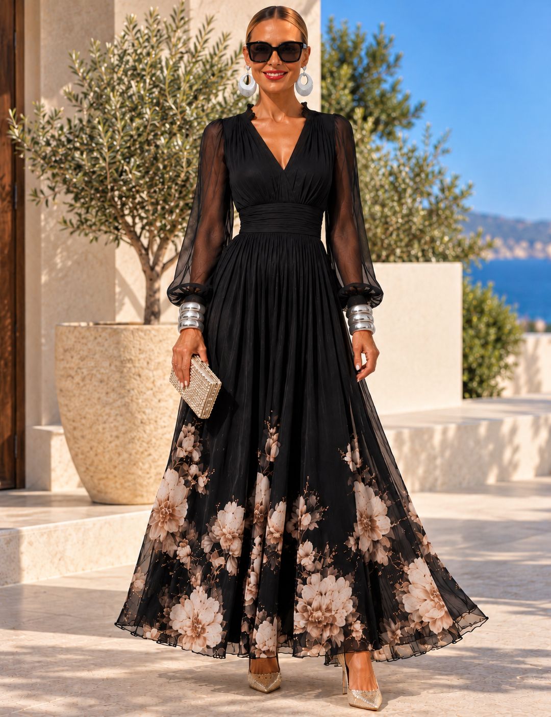 Pirelle - Tailliertes florales Maxikleid