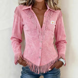 Zanea - Bluse mit Fransendetails und Knopfleiste in Soft-Touch-Qualität