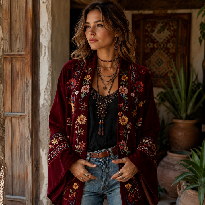 Eudocia - Bestickter Boho-Kimono-Cardigan
