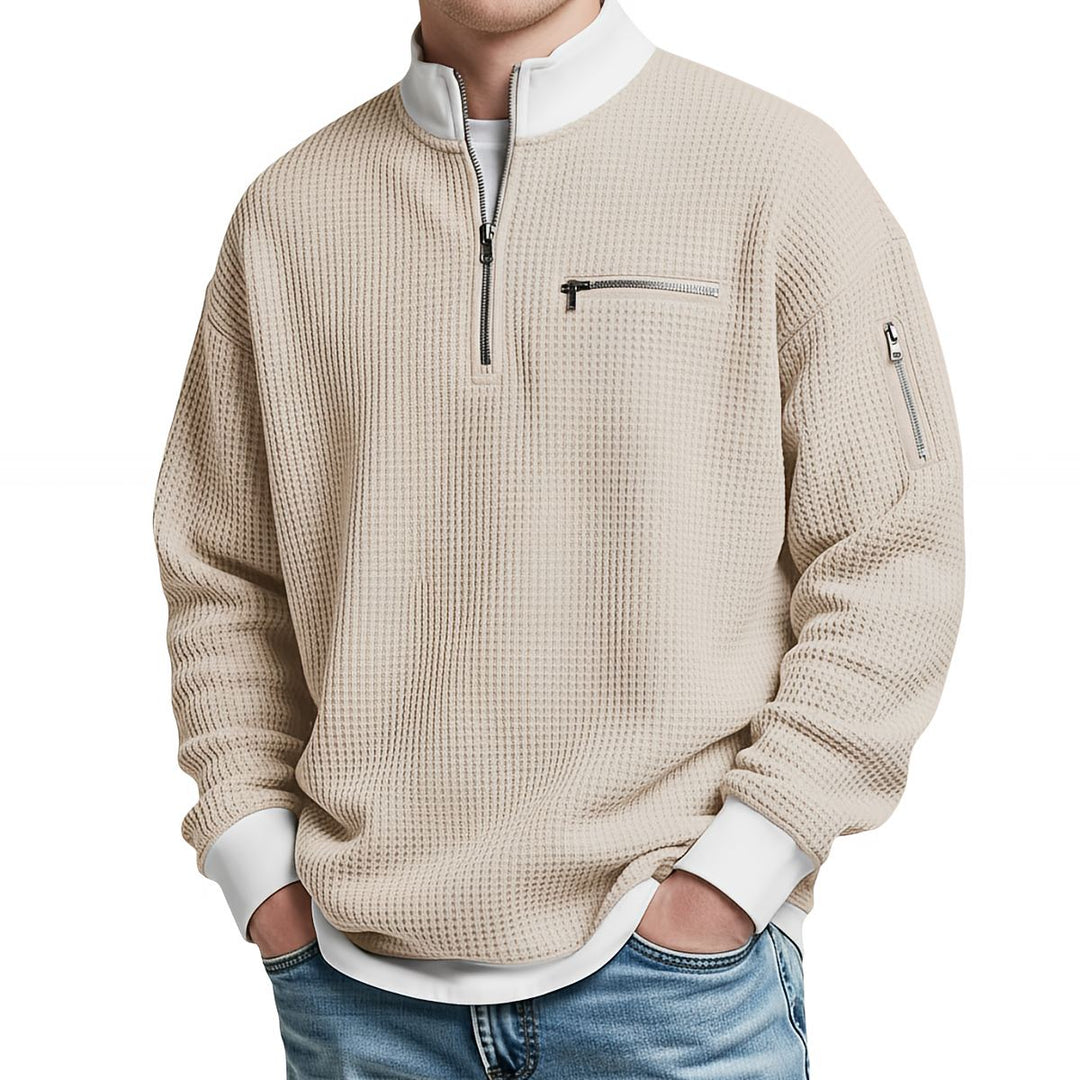 Brice - Strukturiertes Waffelstrick-Sweatshirt mit 1/4-Reißverschluss
