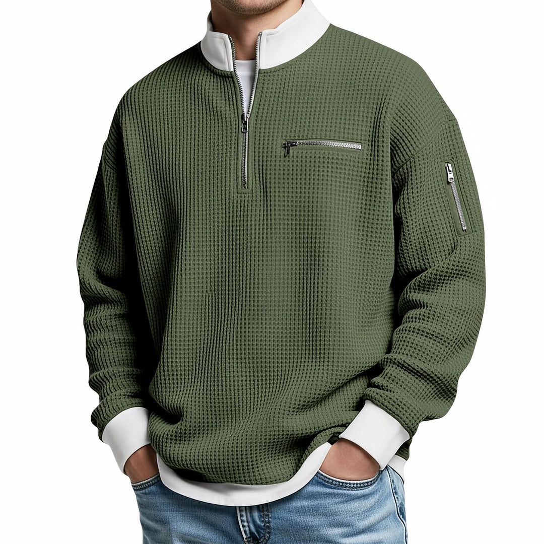 Brice - Strukturiertes Waffelstrick-Sweatshirt mit 1/4-Reißverschluss