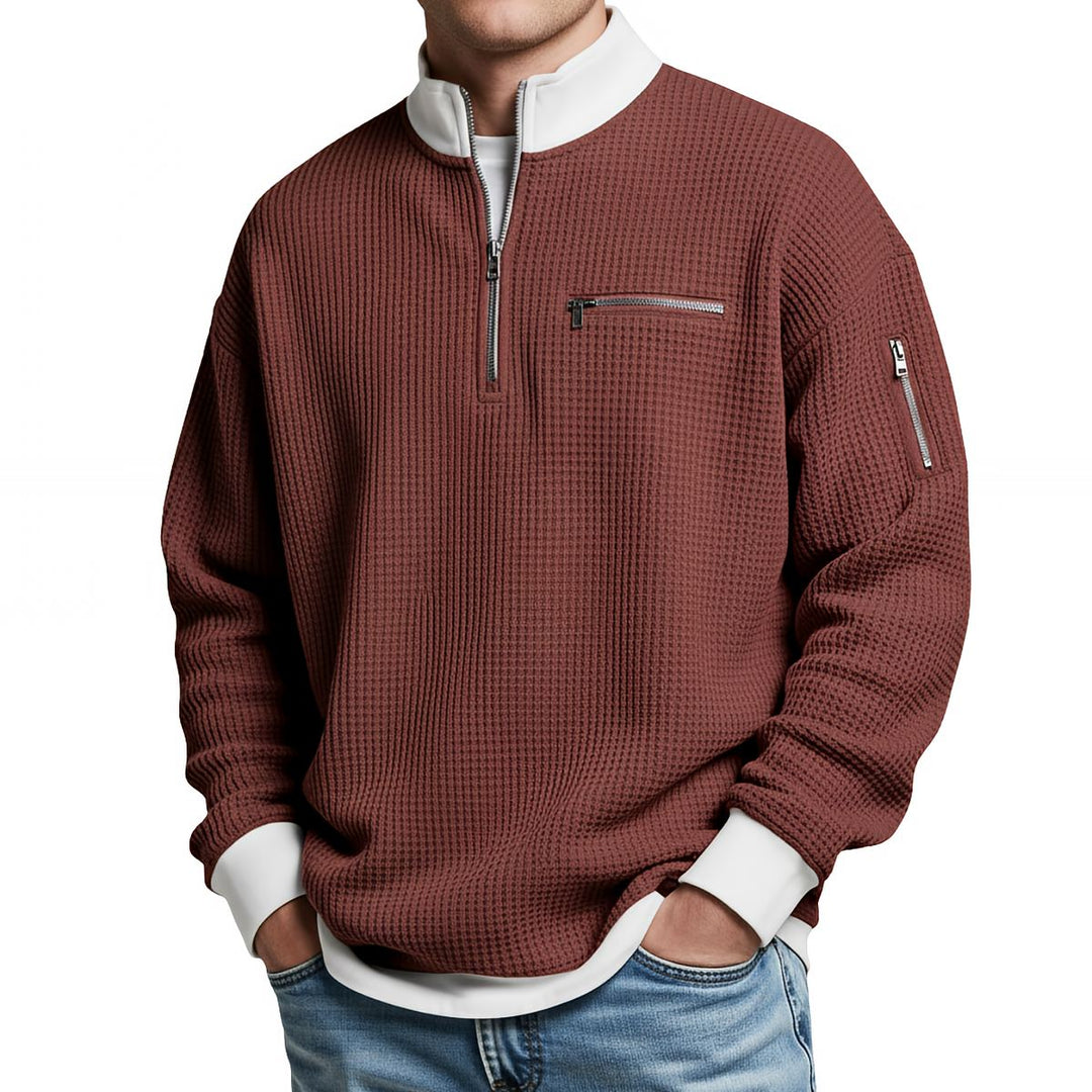 Brice - Strukturiertes Waffelstrick-Sweatshirt mit 1/4-Reißverschluss