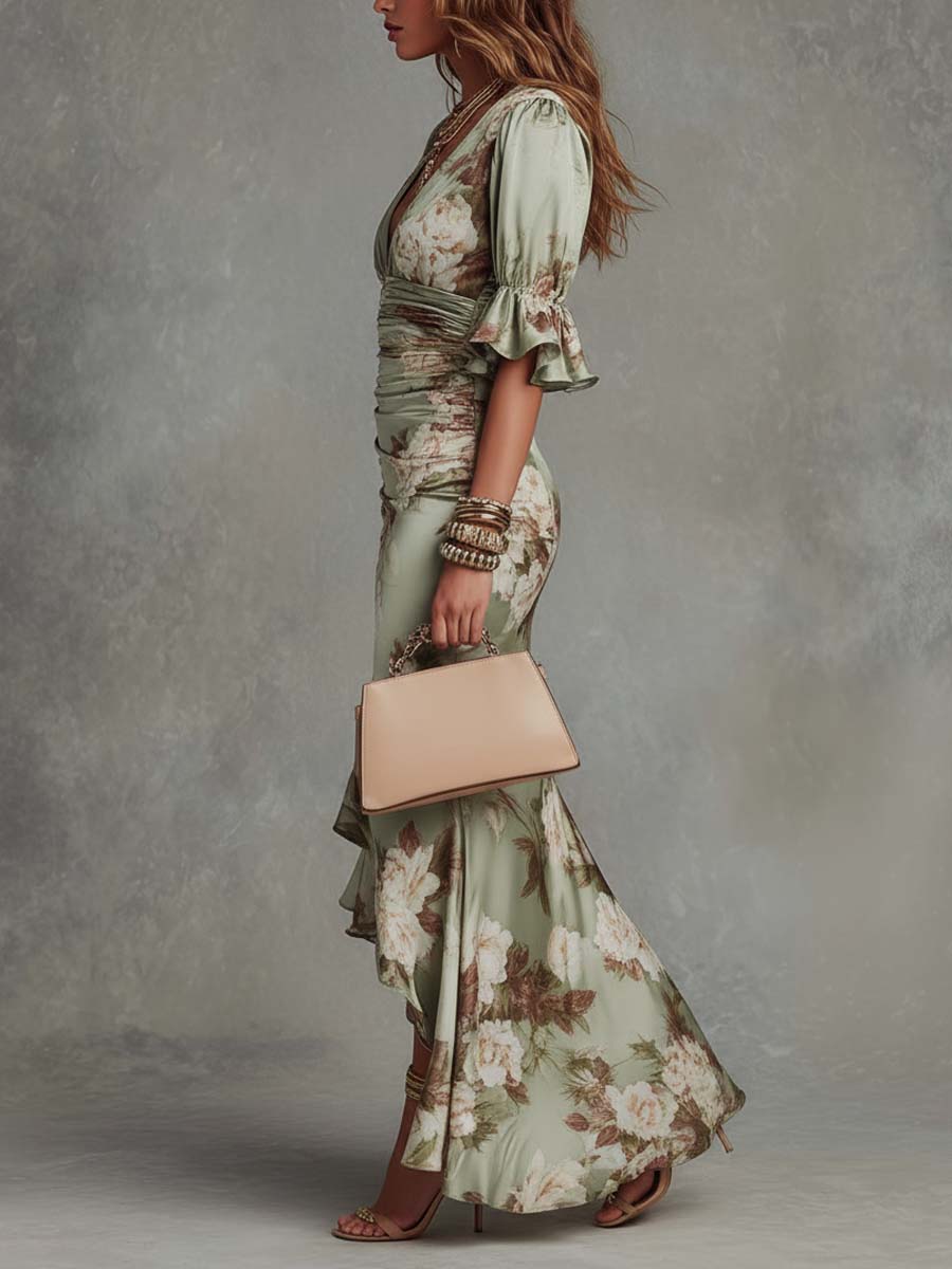 Osyra - Seidiges Blumenkleid mit V-Ausschnitt