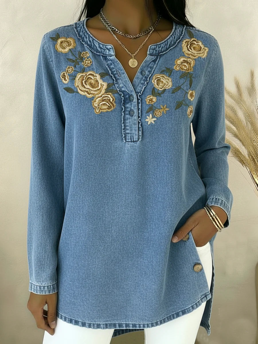 Seyla - Florales Denim-Hemd mit Kragen