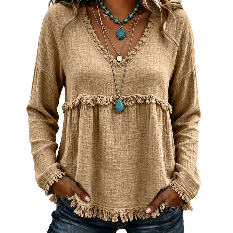 Ariselle - Bluse mit Fransenbesatz und V-Ausschnitt