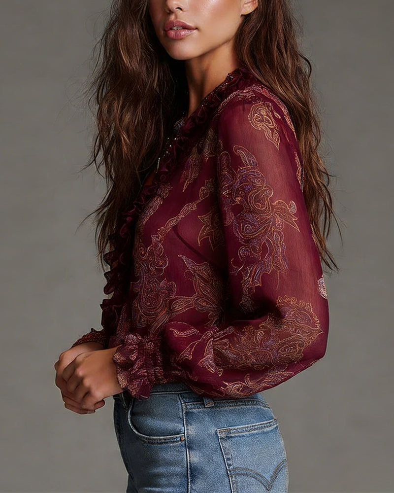 Norayi - Bluse aus Soft-Touch-Material mit Rüschenärmeln, V-Ausschnitt und Print