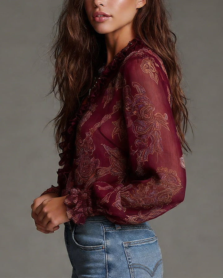 Norayi - Bluse aus Soft-Touch-Material mit Rüschenärmeln, V-Ausschnitt und Print