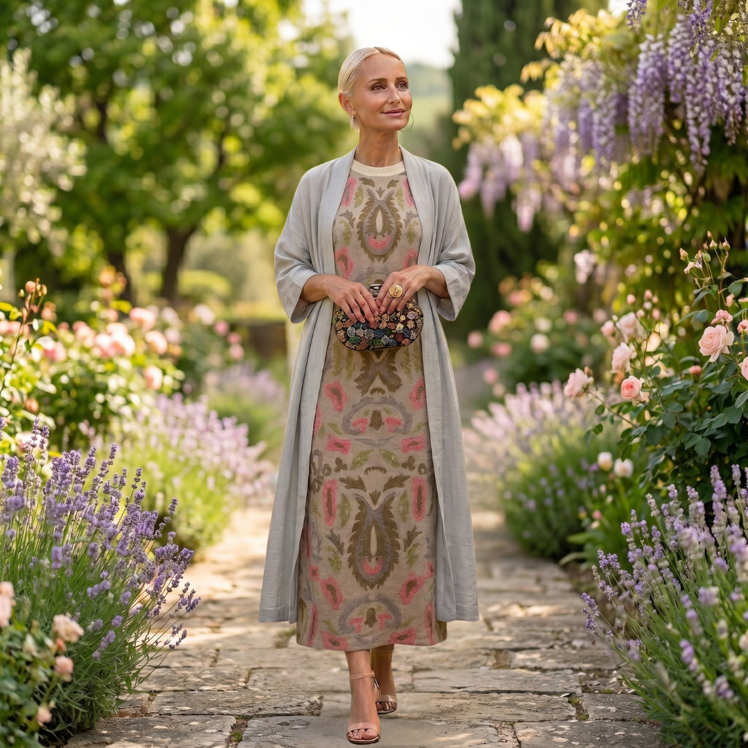 Lilith - Zweiteiliges Set mit bedrucktem Midikleid und langem Cardigan