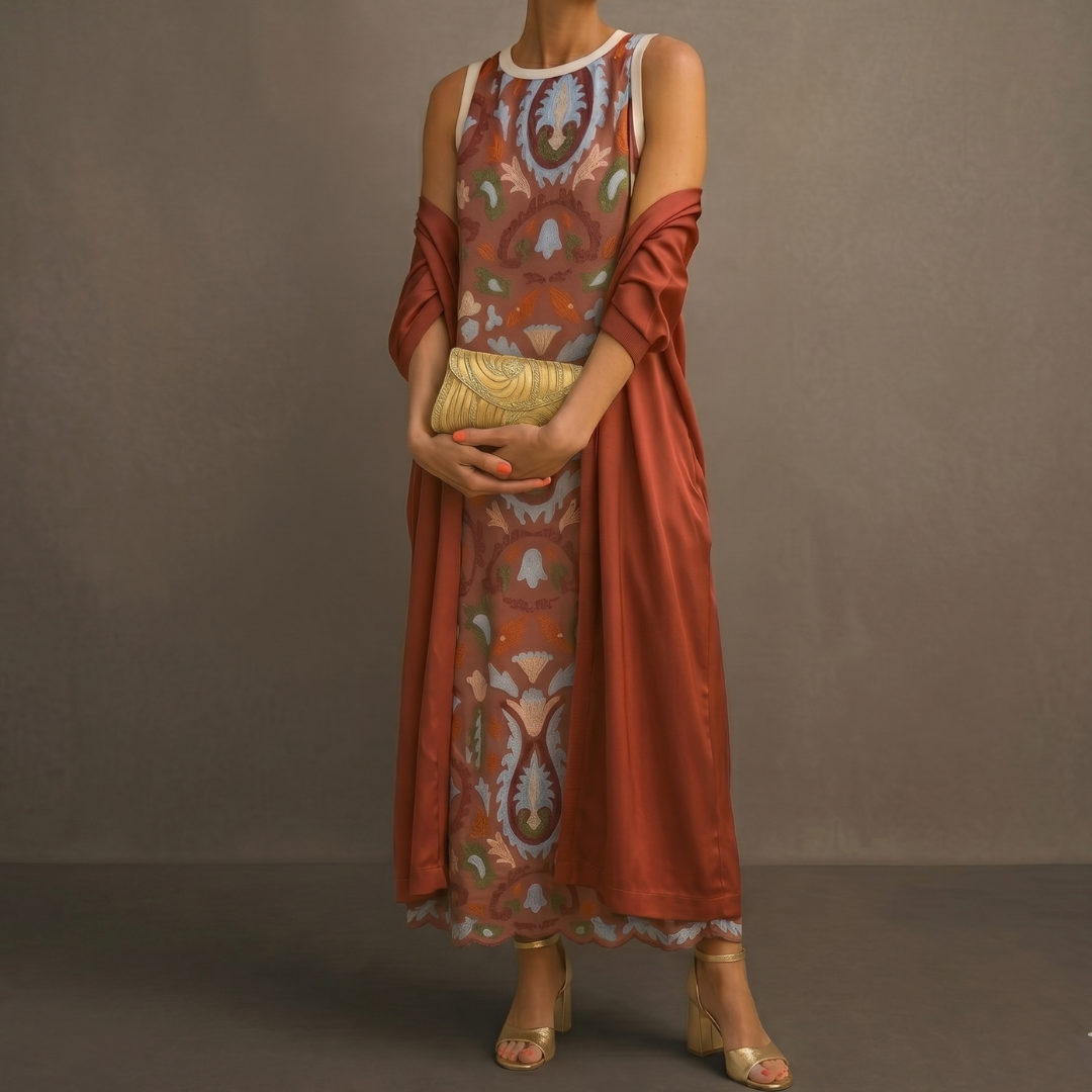 Lilith - Zweiteiliges Set mit bedrucktem Midikleid und langem Cardigan