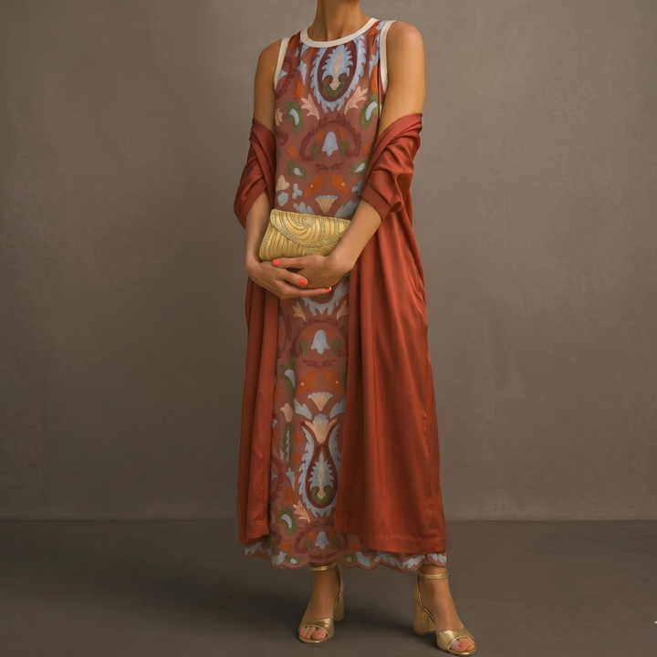 Lilith - Zweiteiliges Set mit bedrucktem Midikleid und langem Cardigan