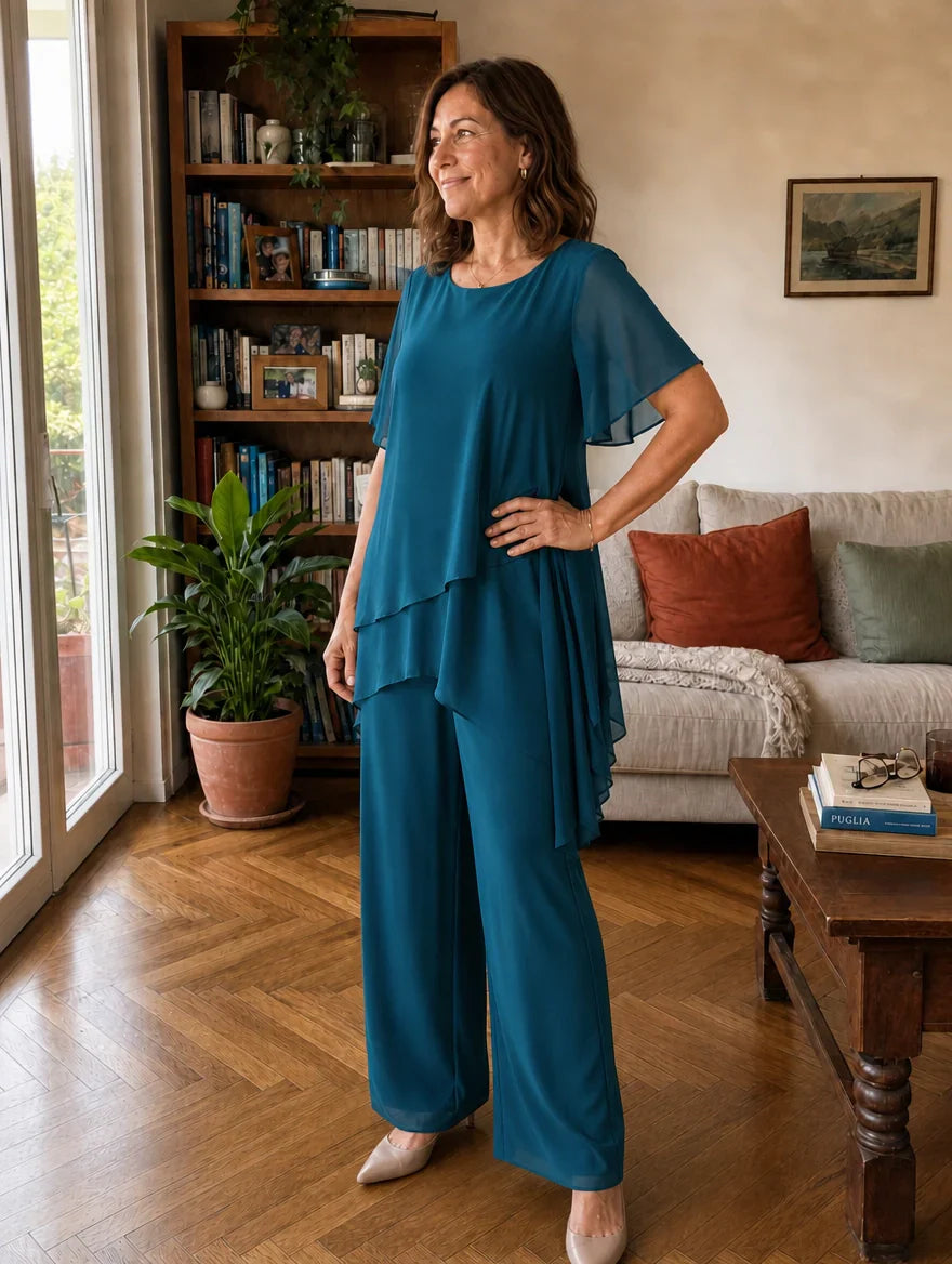 Dahlia - Set aus Chiffon-Top im Lagenlook und weiter Hose