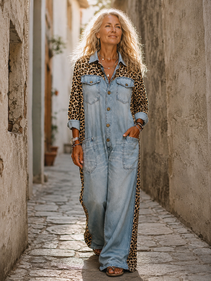 Annalise - Denim-Jumpsuit mit weitem Bein und Leoparden-Einsätzen