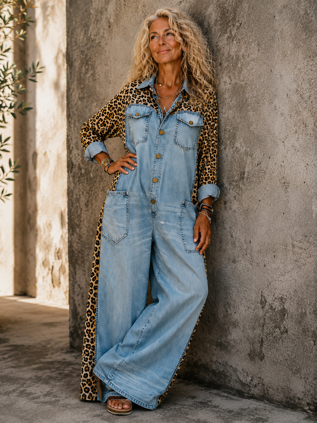 Annalise - Denim-Jumpsuit mit weitem Bein und Leoparden-Einsätzen