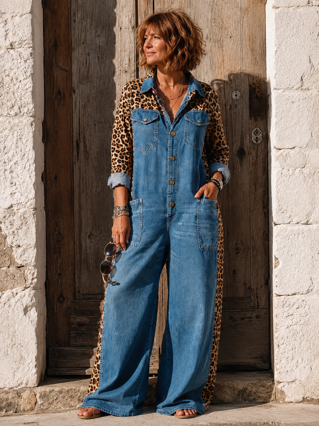 Annalise - Denim-Jumpsuit mit weitem Bein und Leoparden-Einsätzen