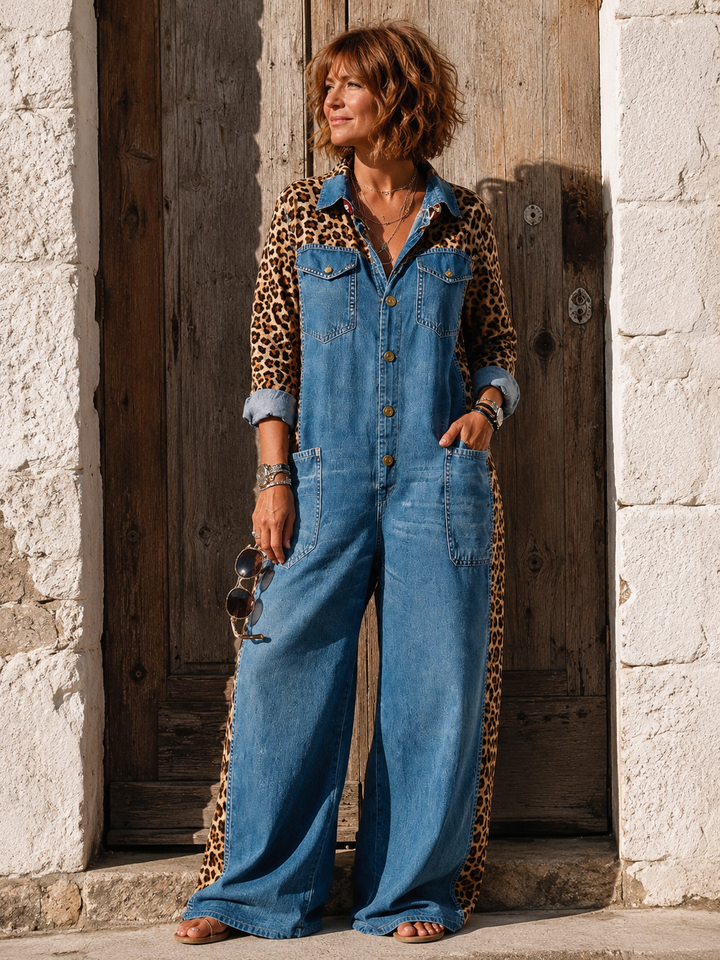 Annalise - Denim-Jumpsuit mit weitem Bein und Leoparden-Einsätzen
